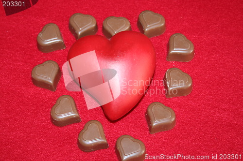 Image of Red heart surrounded of chocolate hearts