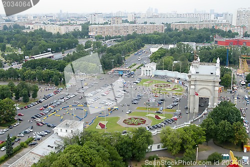 Image of central entrance in exhibition center, Moscow