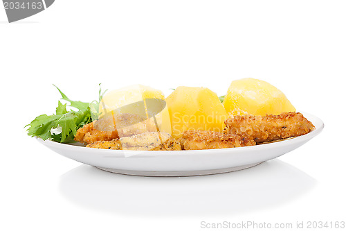 Image of Breaded chicken sticks with potato and mitsuna salad leaves isolated on white 