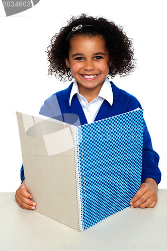Image of Smiling school girl learning weekly assignment