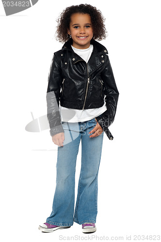 Image of Charming young girl in bikers leather jacket