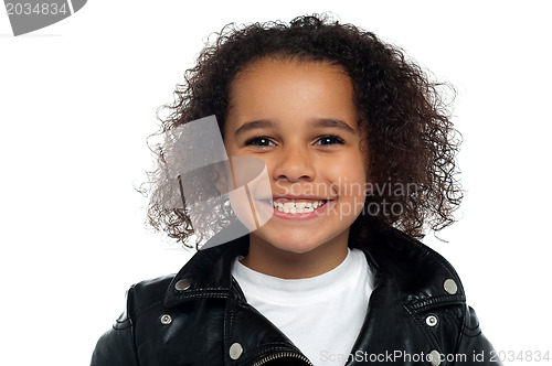 Image of Cheerful girl wearing black leather jacket