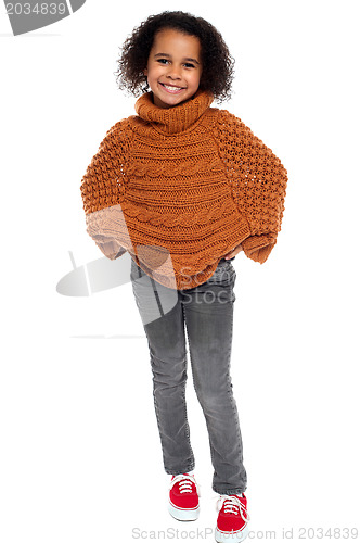 Image of Portrait of lovely kid girl wearing winter clothing