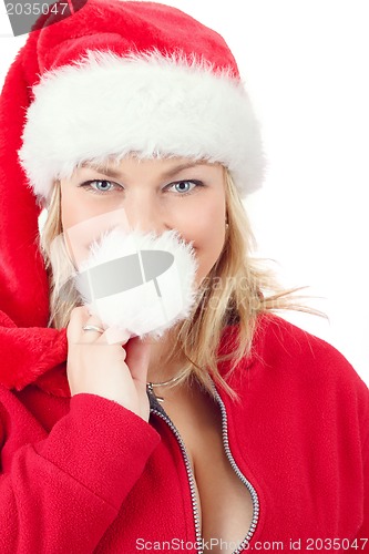 Image of Portrait of joyful pretty woman in red santa claus hat smiling
