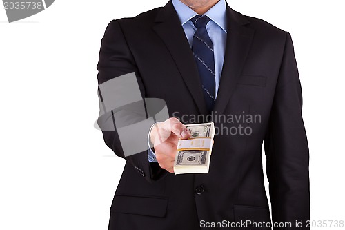 Image of businessman holding large sum of cash