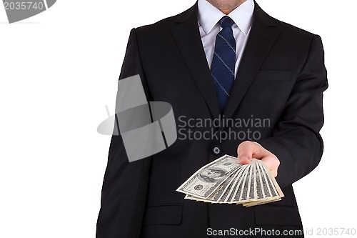 Image of businessman holding large sum of cash