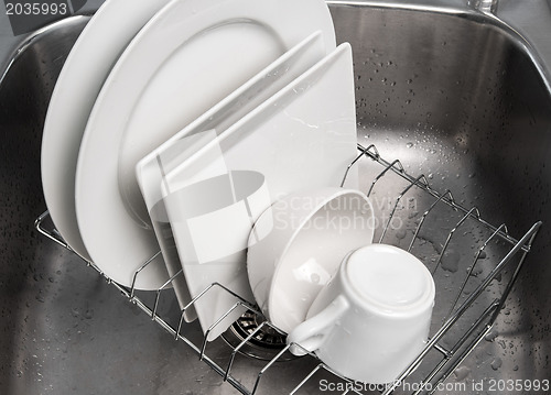 Image of Dishes drying on a rack in the kitchen sink