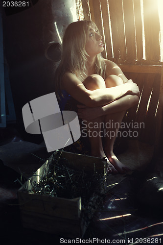 Image of Woman in the dark rural barn