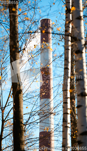 Image of Factory chimney and trees.