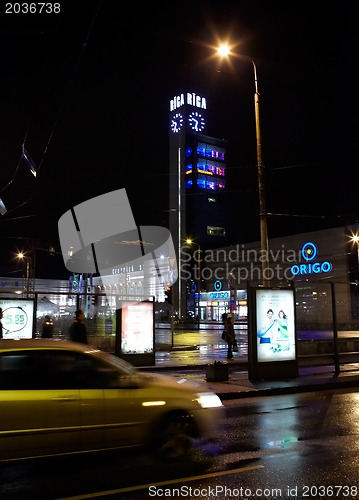 Image of The Riga central railway station at night.