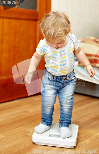 Image of Boy is checking his weight.