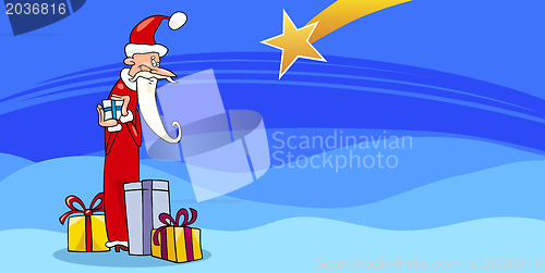 Image of Santa Claus with presents cartoon card