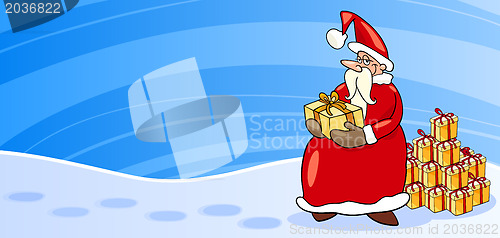 Image of Santa Claus with presents cartoon card