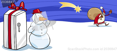 Image of Santa Claus and snowman cartoon card