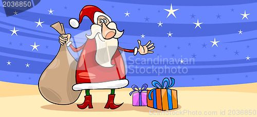 Image of Santa Claus with presents cartoon card