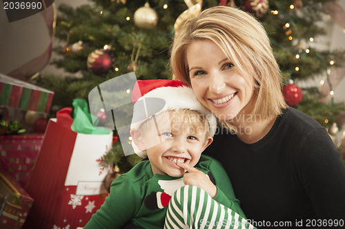 Image of Young Mother and Baby Son Christmas Portrait