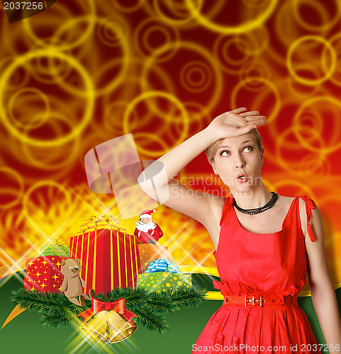 Image of Woman In Red With Christmas Gifts