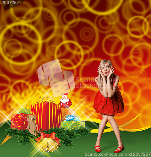 Image of Woman In Red With Christmas Gifts