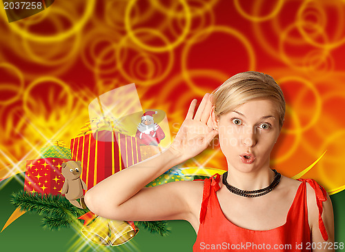 Image of Woman In Red With Christmas Gifts