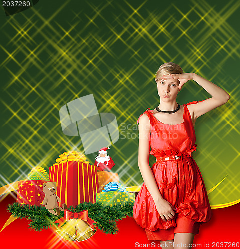 Image of Woman In Red With Christmas Gifts