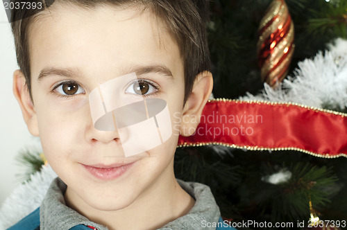 Image of Happy children in front of Christmas tree