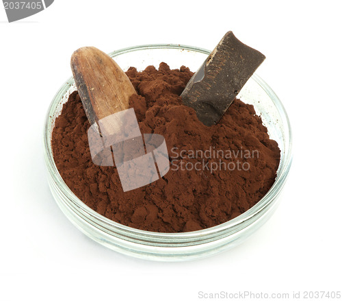 Image of Cocoa bean, cocoa powder in bowls and piece of chocolate