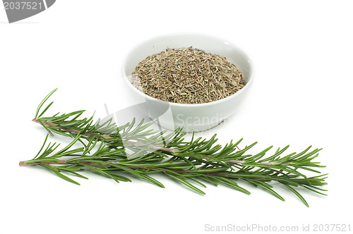 Image of Fresh rosemary and a bowl with dried