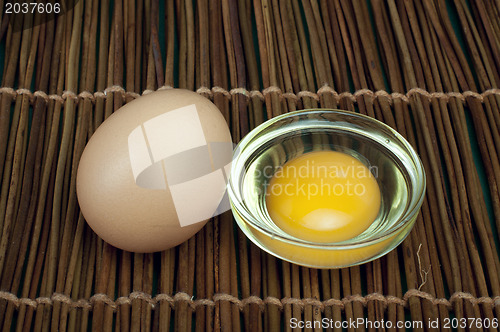 Image of Broken in half raw egg and yolk inside