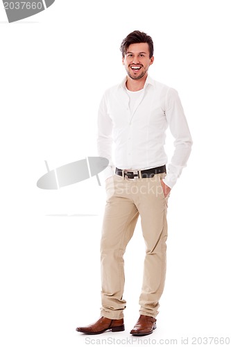 Image of young business man in casual outfit smiling