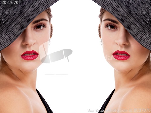 Image of glamour woman with black hat and red lips