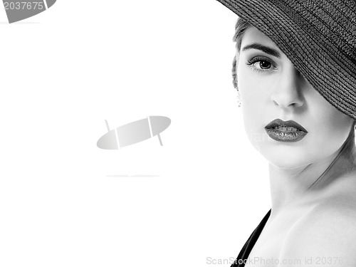 Image of glamour woman with black hat monochrome portrait