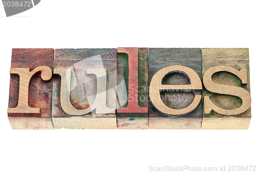 Image of rules word in wood type