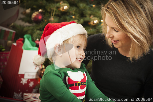 Image of Young Mother and Baby Son Christmas Portrait
