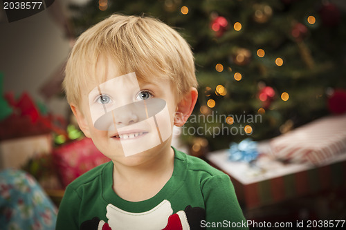 Image of Young Boy Enjoying Christmas Morning Near The Tree