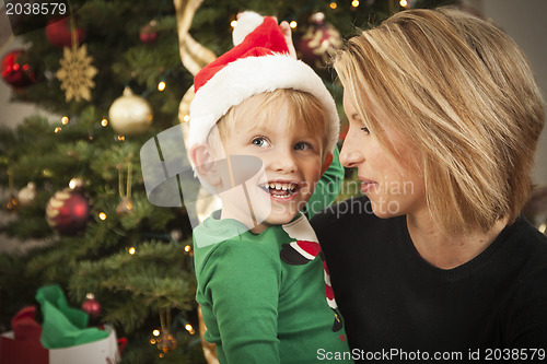 Image of Young Mother and Baby Son Christmas Portrait