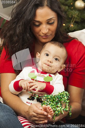 Image of Ethnic Woman With Her Mixed Race Baby Christmas Portrait