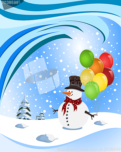 Image of Happy snowman holding colorful balloons. Illustration