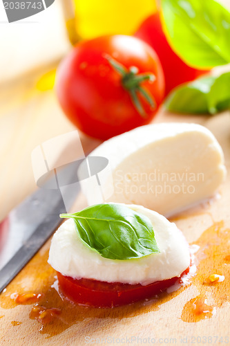 Image of fresh mozzarella with tomato and basil