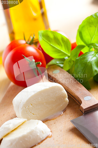 Image of fresh mozzarella with tomato and basil