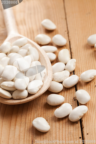 Image of white beans in wooden spoon