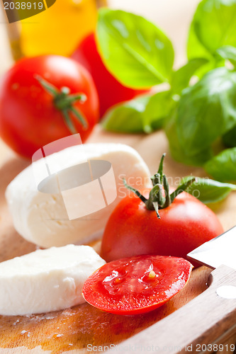 Image of fresh mozzarella with tomato and basil