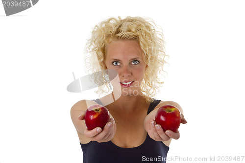 Image of Beautiful blond woman holding red apples