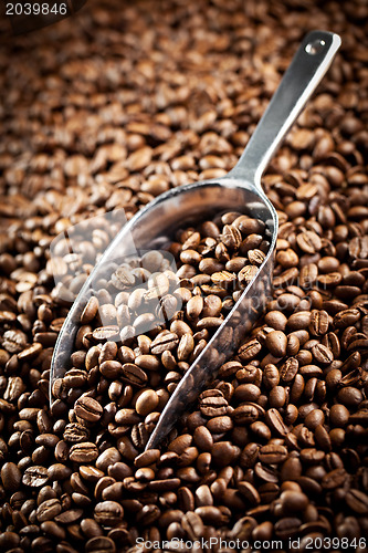 Image of metal scoop with coffee beans