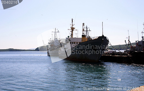 Image of The ships in a bay at a mooring