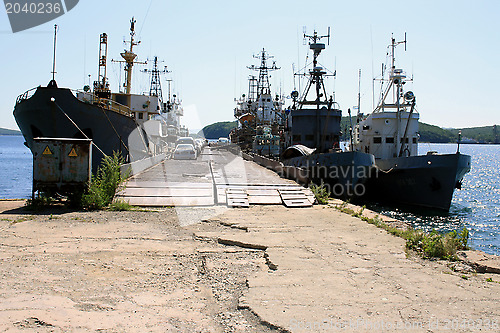 Image of The ships in a bay at a mooring