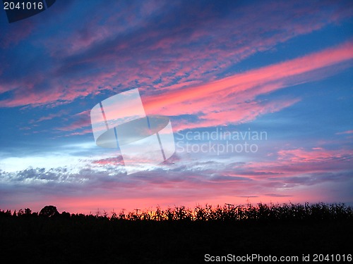 Image of picturesque blue and scarlet clouds of sunset