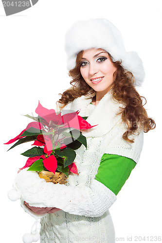Image of beautiful girl with red poinsettia on isolated white