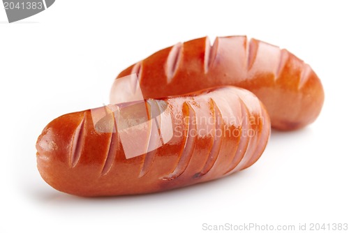 Image of grilled sausages on white background