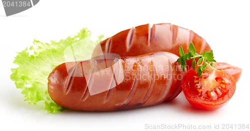 Image of grilled sausages on white background