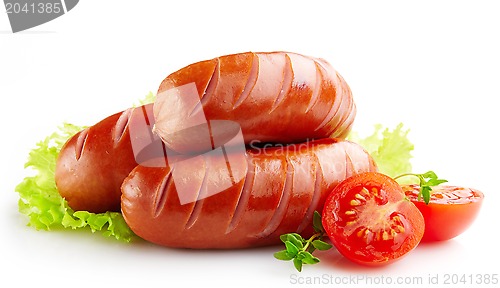 Image of grilled sausages on white background